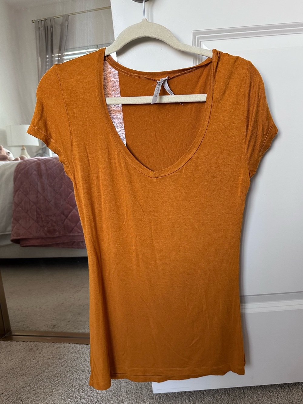 Rust Mustard Orange Scoop Neck Short Sleeve Top V Neck